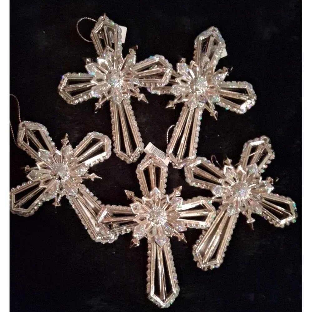Vintage Resin, glitter, 4.5 inch cross ornament lot 5